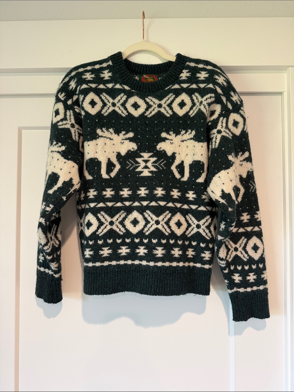 Vint ALPS Dark Green Moose Pattern Wool Blend Fair Isle Nordic Crewneck Sweat